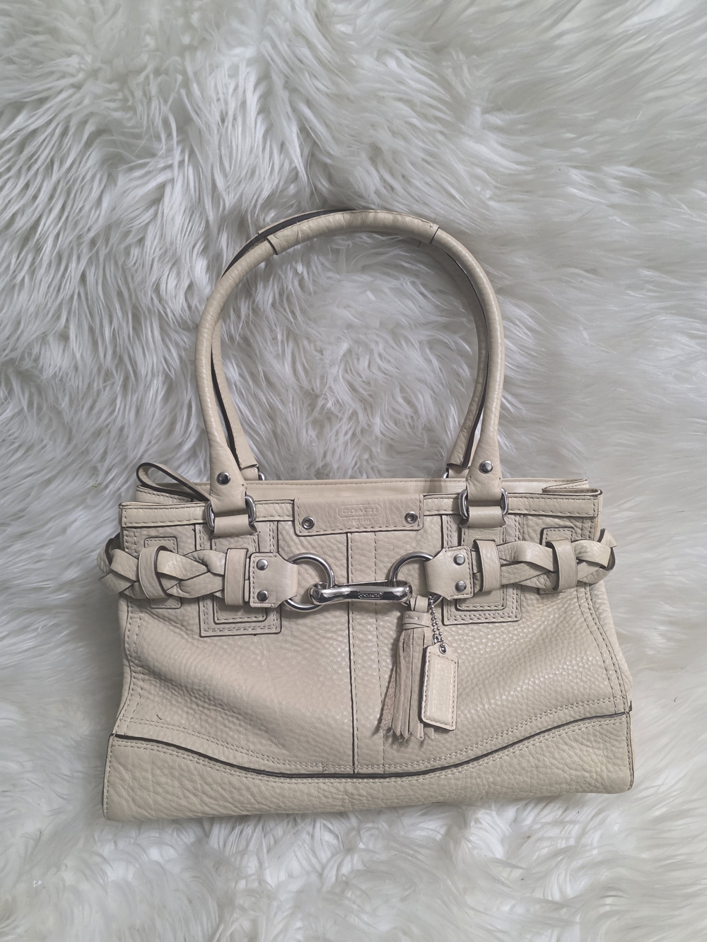 Coach Cream Braided Leather Tote with Tassel Charm